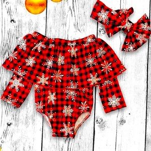 NEW Snowflake & Plaid Onesie with Matching Headband / 18-24 Months